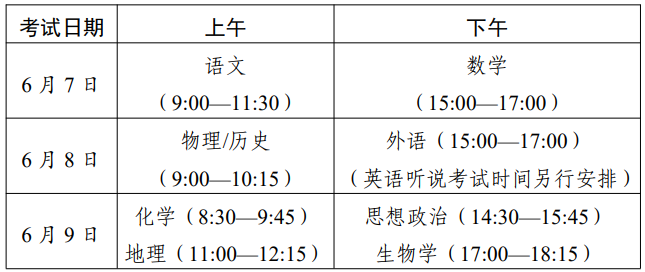 2023年广东高考各科目考试时间